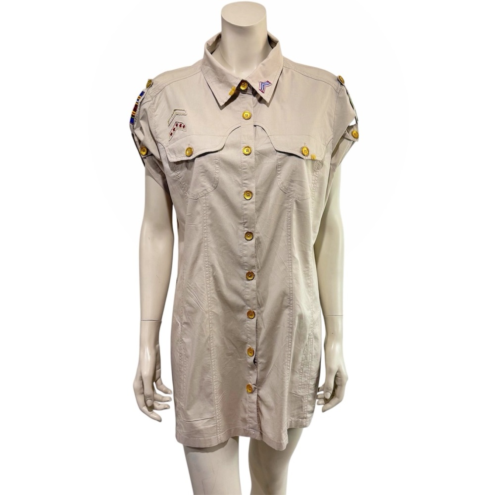 Blue Axes Military Women's Beige Button-Up Shirt Dress Short Sleeve Patches